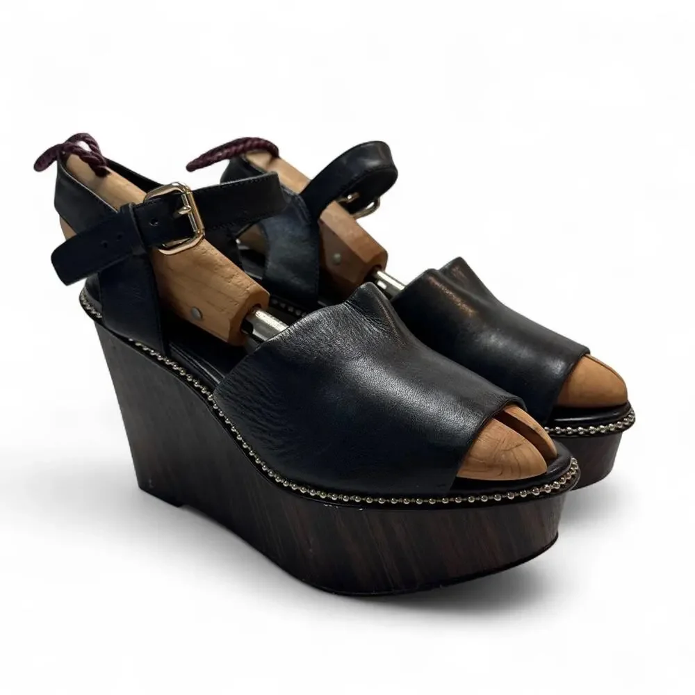 Coach Black Leather Platform Wedge Sandals studded detail Gold Hardware size 6